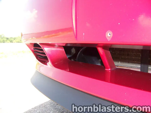 Close-up of Shocker XL train horn bells mounted on 2002 Ford Mustang HornBlasters gallery photo 4
