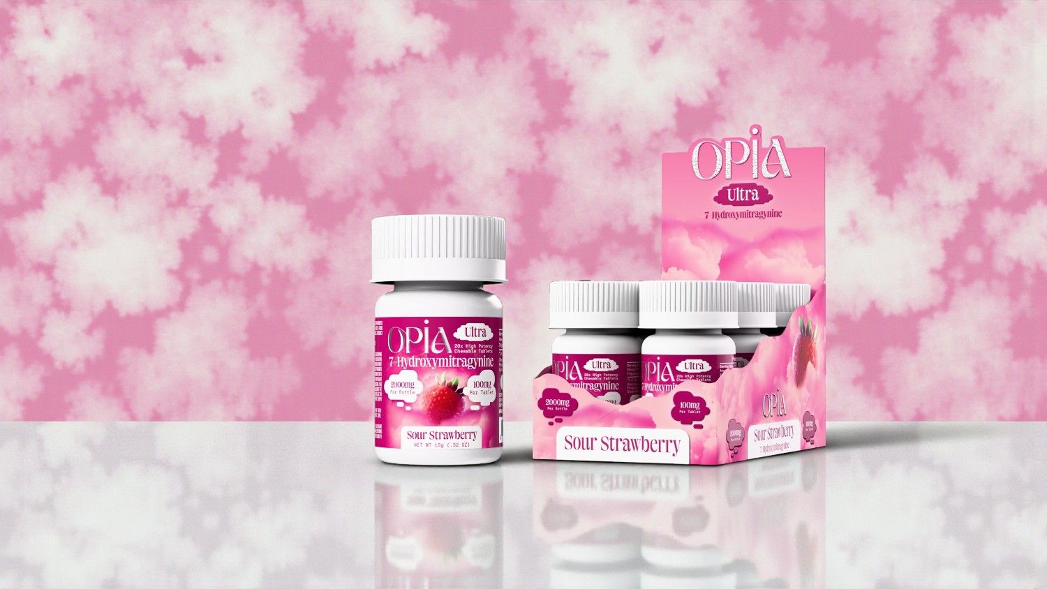 Bottles of vitamins displayed against a pink, cloud-patterned background.