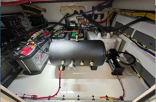 Finished Conductor's Special 544K Nightmare Edition train horn kit overview on Ryan's 44-foot Concept boat HornBlasters gallery photo 3