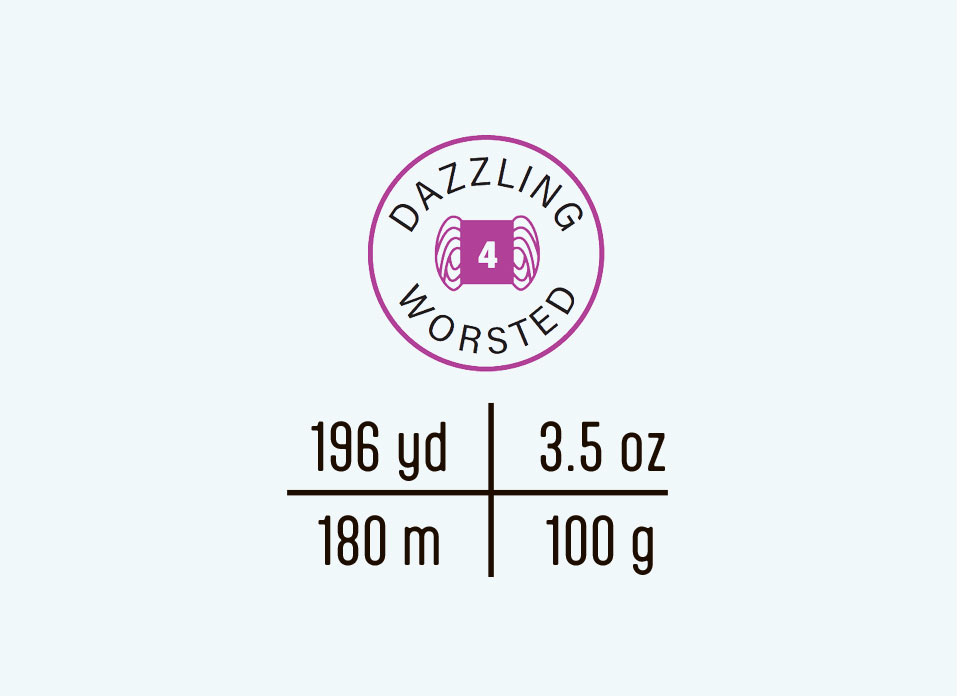 Dazzling worsted yarn label with yardage and weight information.