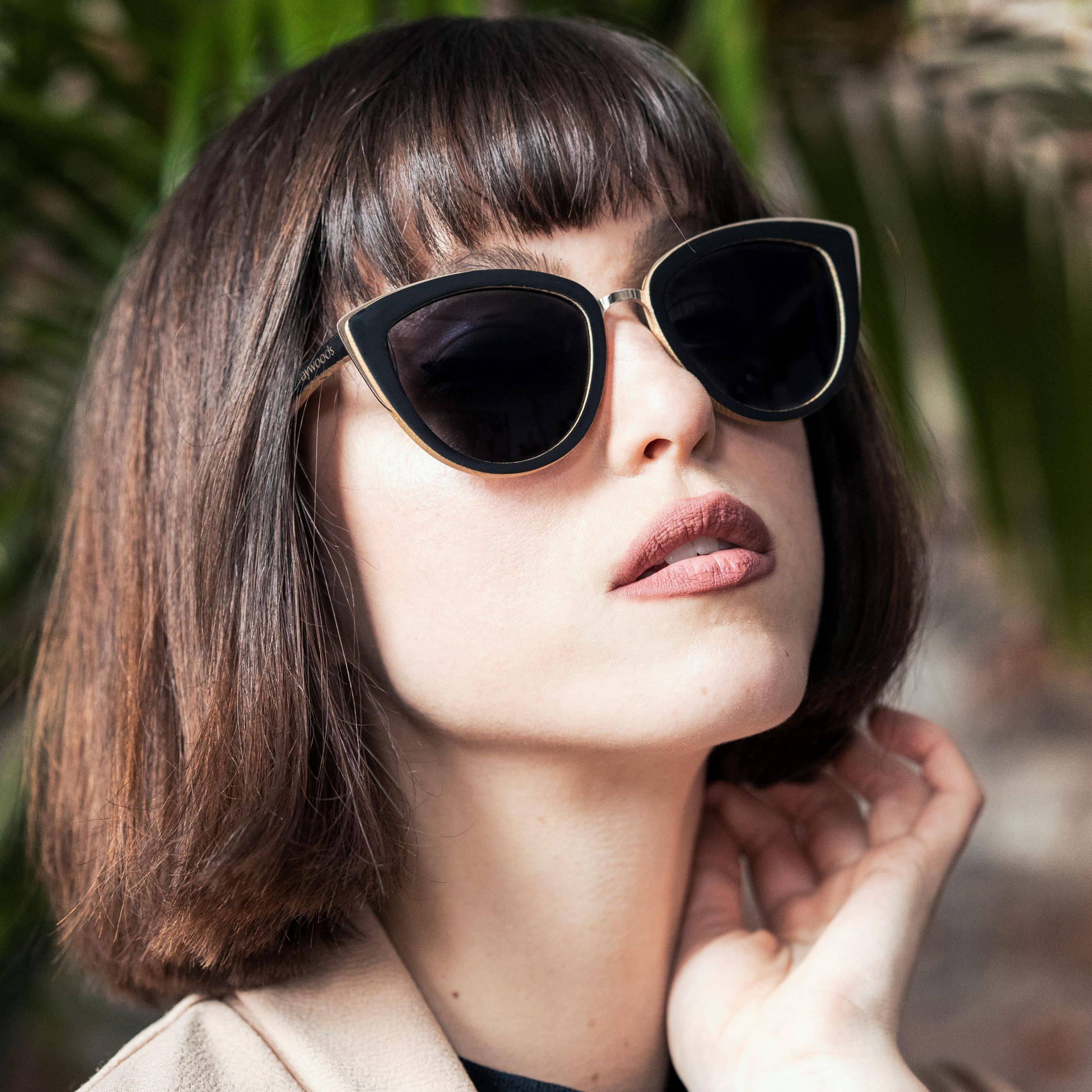 Women wearing makeup and Willow, cat-eye oversized wood sunglasses