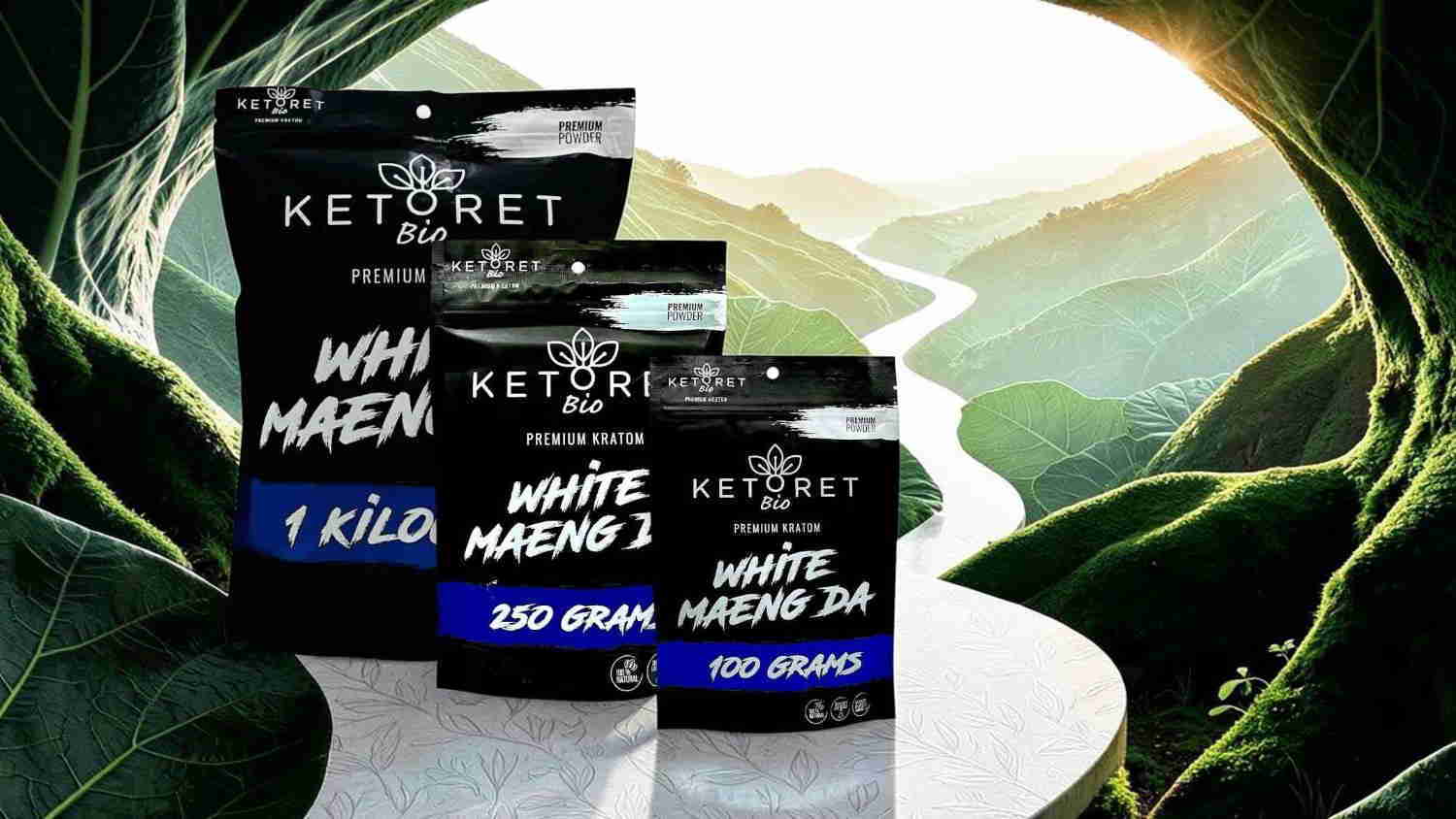 Three bags of KETORET products on a nature background.
