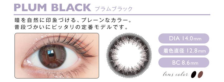 アンヴィ(envie),PLUM BLACK プラムブラック,瞳を自然に印象づける、プレーンなカラー。,普段づかいにピッタリの定番モデルです。,DIA 14.0mm,着色直径 12.8mm,BC 8.6mm,lens color 2tone|アンヴィ envie カラコン ワンデー カラーコンタクト