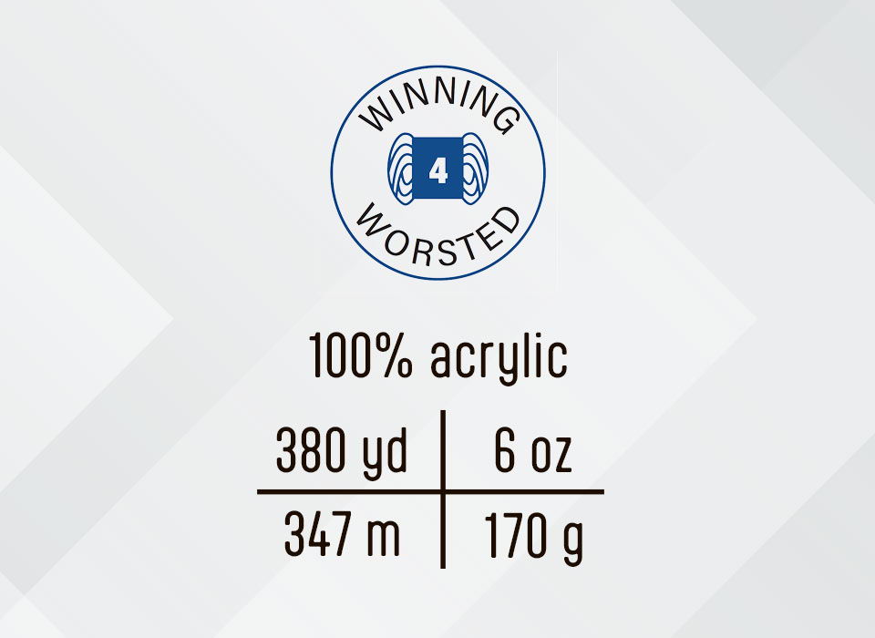 Label showing yarn details: 100% acrylic, 380 yards, 6 oz, worsted weight.