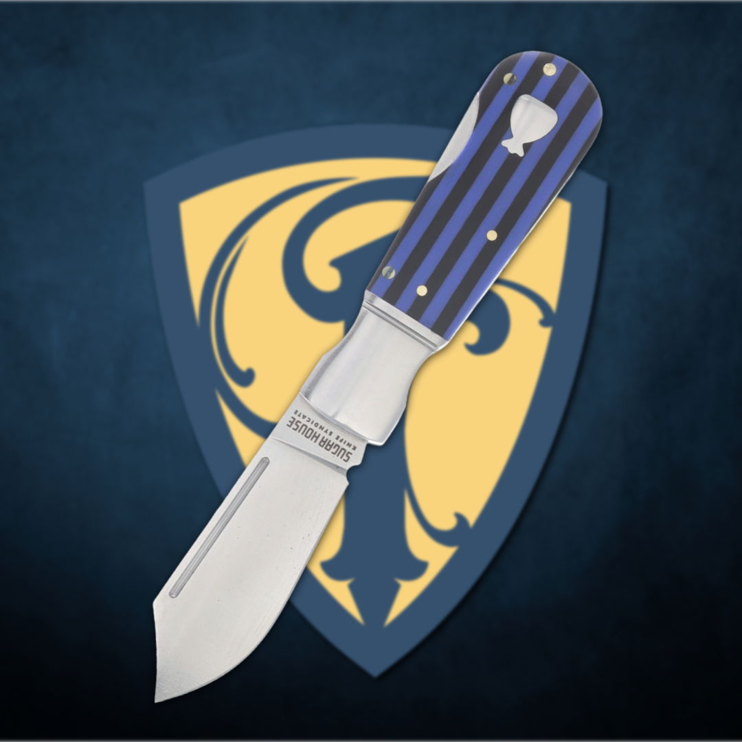A folding knife with a blue and silver handle on a shield background.
