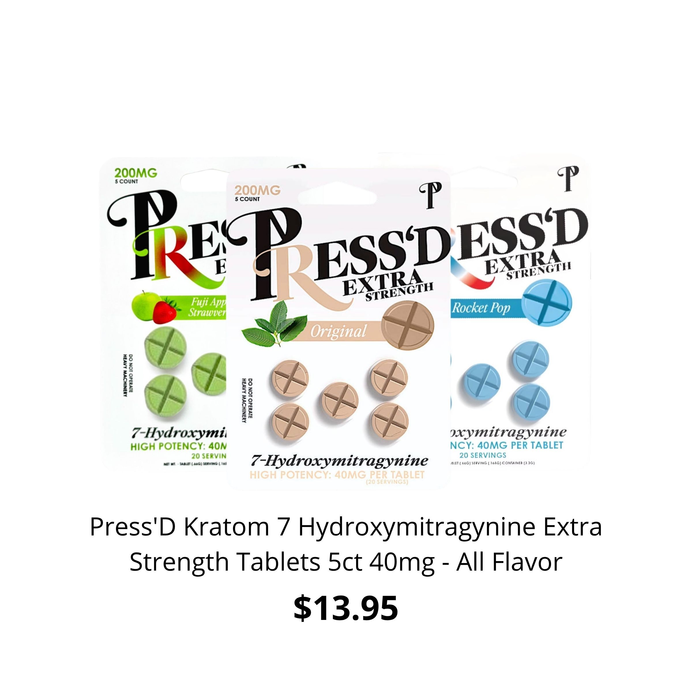 Press'D Kratom tablets packaging with various flavors and pricing information.