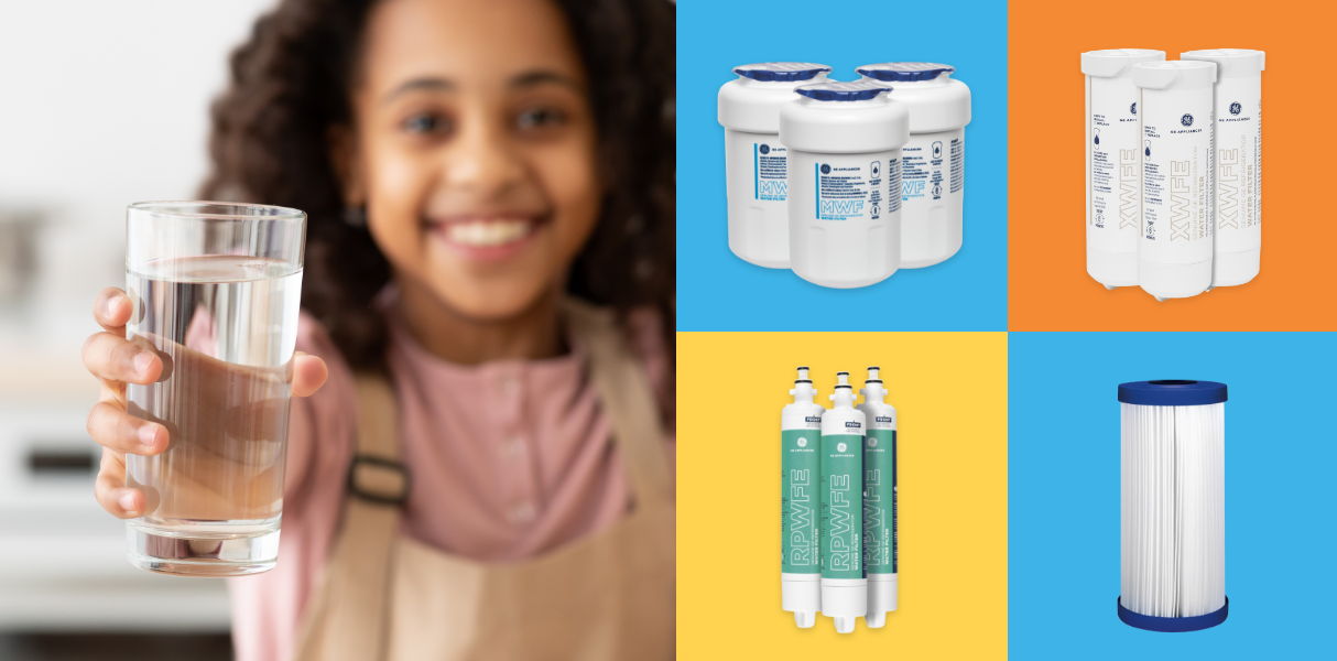 Smiling girl holding a glass of water with filtration products in the background.