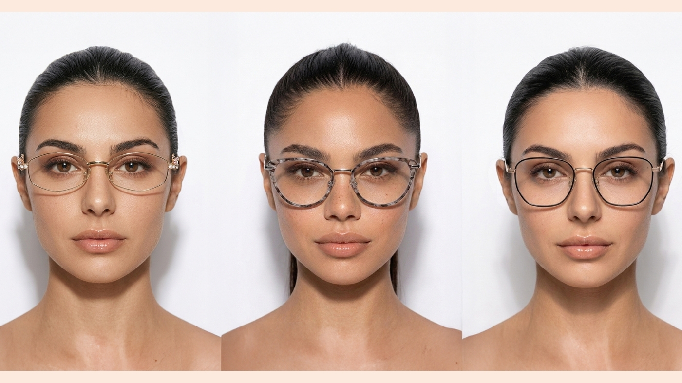 Three photos showing the same person wearing small, medium, and large glasses frames side by side, demonstrating how frame size affects face appearance and style