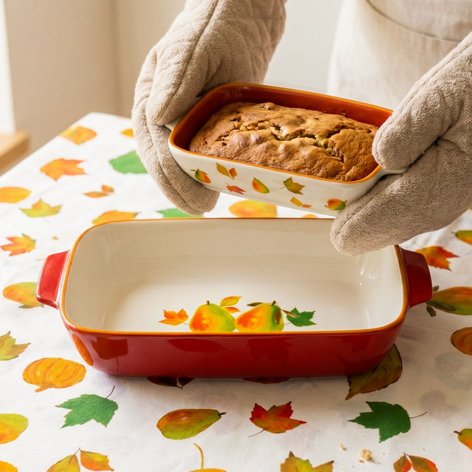 Person wearing oven mitts holding a loaf of bread in a baking tray over a leaf-patterned tablecloth.