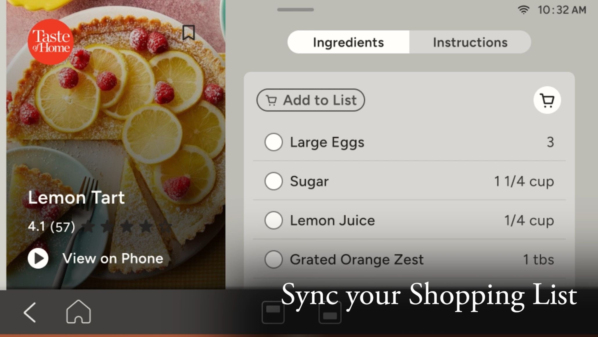 Recipe for Lemon Tart with ingredient list and shopping list option.