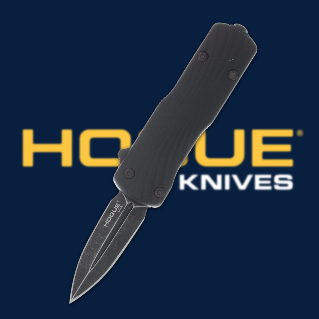 A black folding knife with the text 