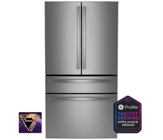 Gray French door refrigerator with energy efficiency and brand label.