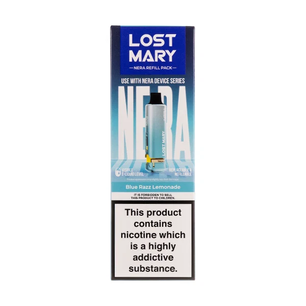 A picture of a Blue Razz Lemonade Nera 15K prefilled pod + refill pack by Lost Mary.