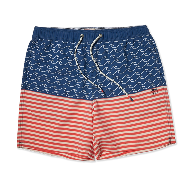 Red and blue striped swim shorts with wave pattern on top.