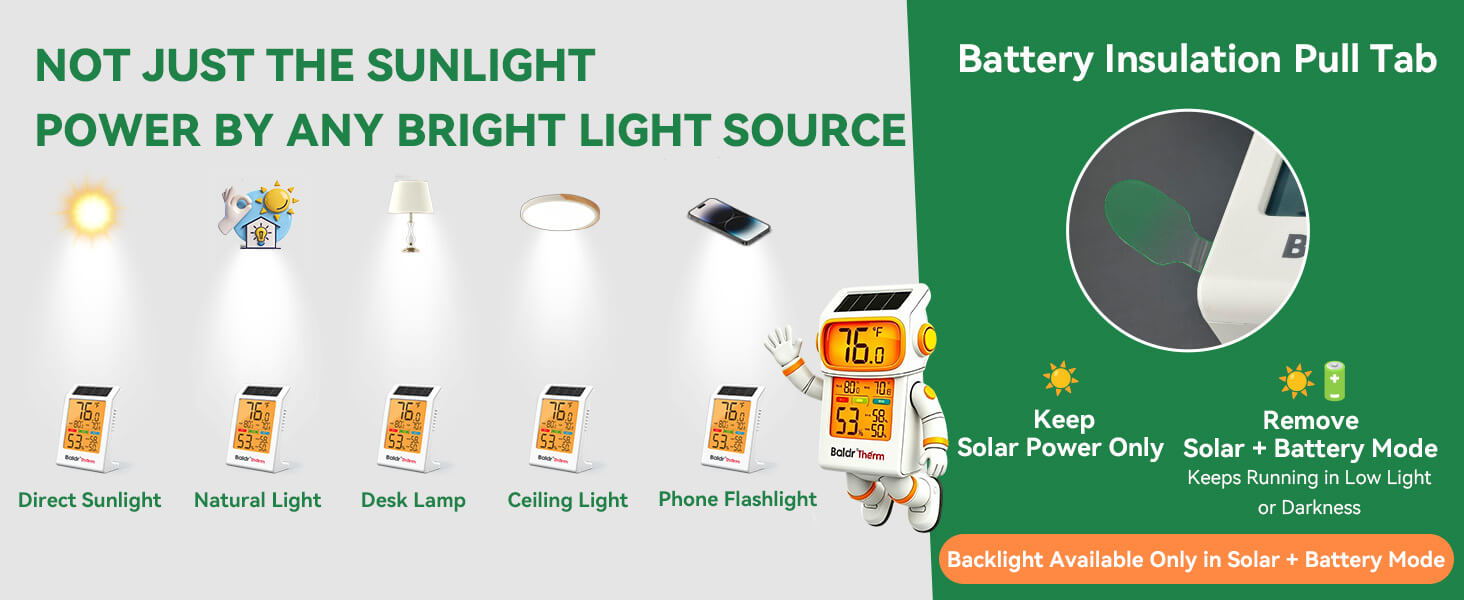 Battery insulation pull tab; powered by any bright light source.