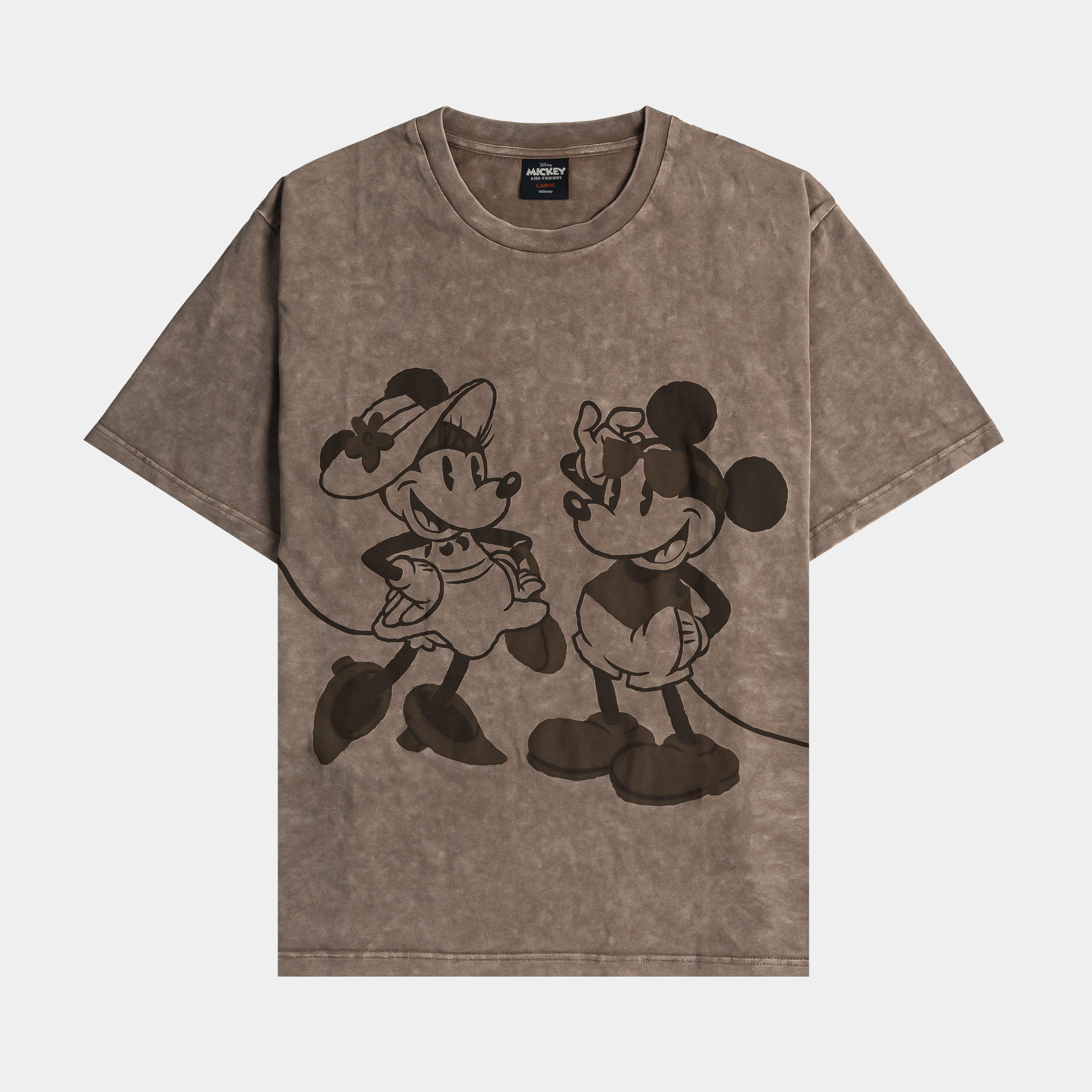 Brown t-shirt featuring Mickey and Minnie Mouse graphic design.
