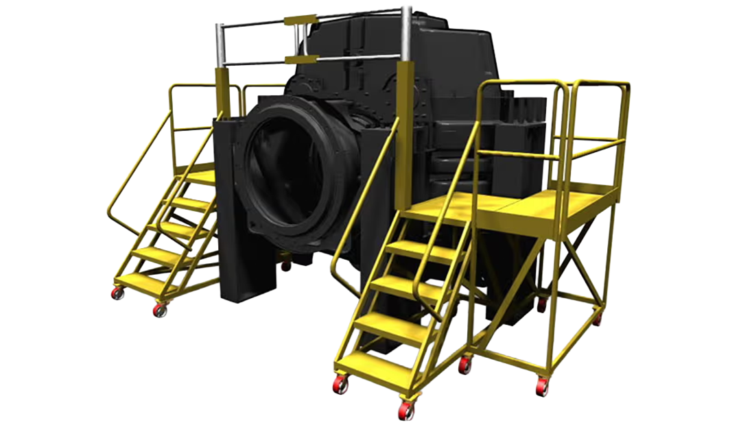 Custom mobile gearbox access platform with OSHA-compliant guardrails and slip-resistant surface for industrial maintenance