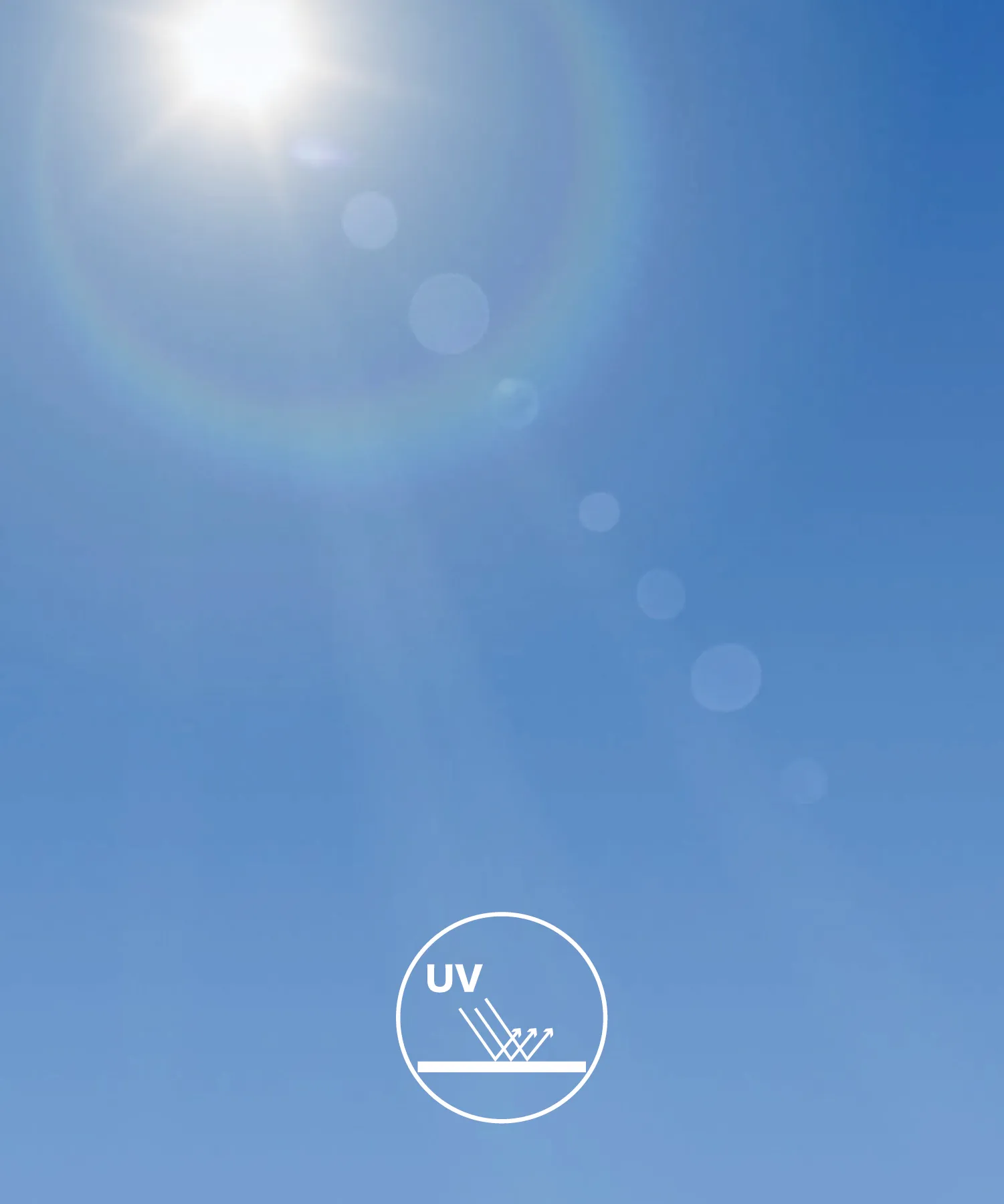 Bright sun against a clear blue sky with a UV symbol.
