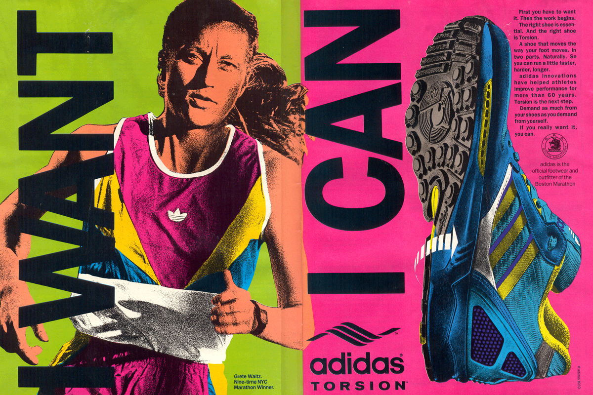 Athlete in vibrant outfit with Adidas shoes and motivational text.