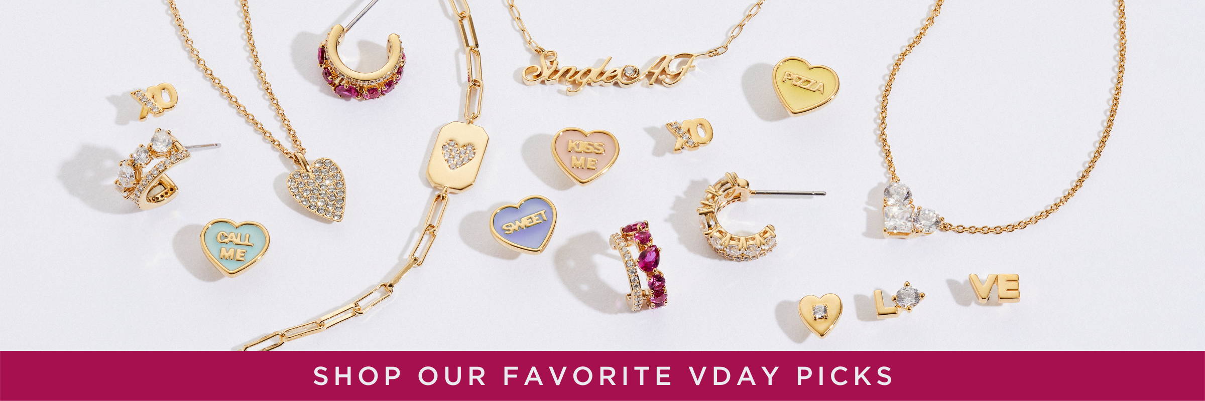 Image of assorted heart-themed jewelry for Valentine's Day.