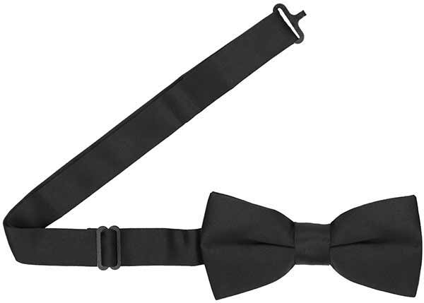 A black band collar bow tie, expanded to show that it's pre-tied