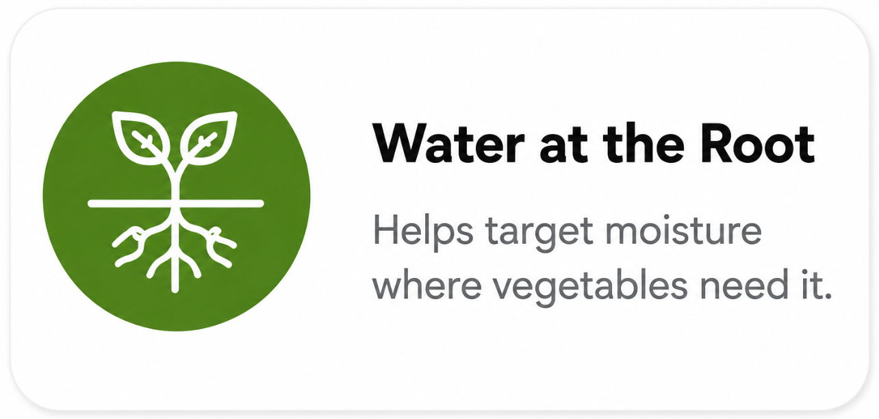 Watering technique targeting moisture at plant roots for optimal vegetable growth.