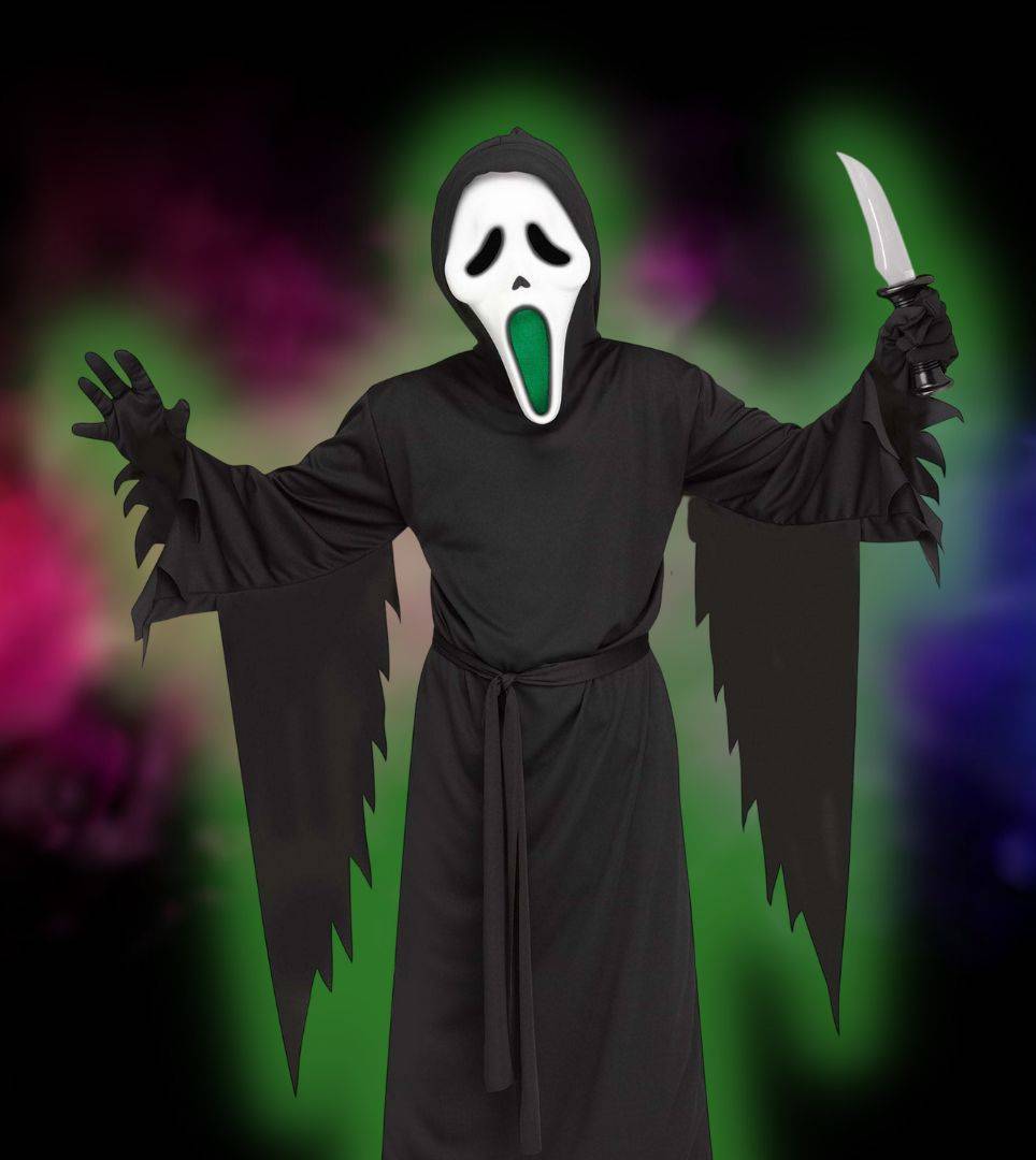 Scream Ghost Face costume in from of neon green and black background. Shop ghosts and grim reapers.