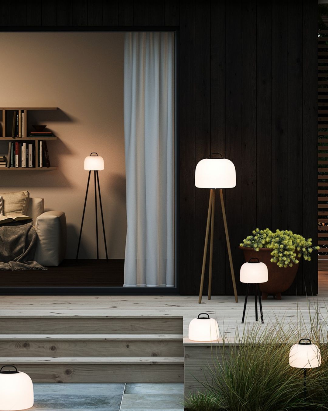 Modern indoor and outdoor setting with floor lamps in a living room and garden - Lighting Collective 