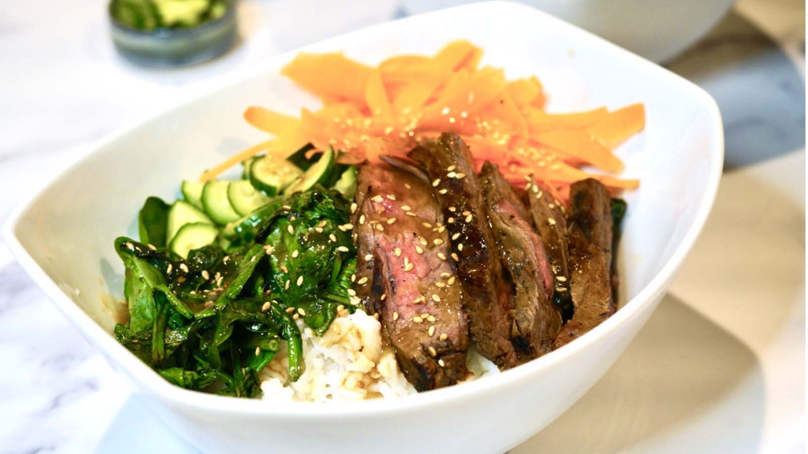 Gourmend recipe for low fodmap steak teryaki with quick pickle cucumbers and white rice