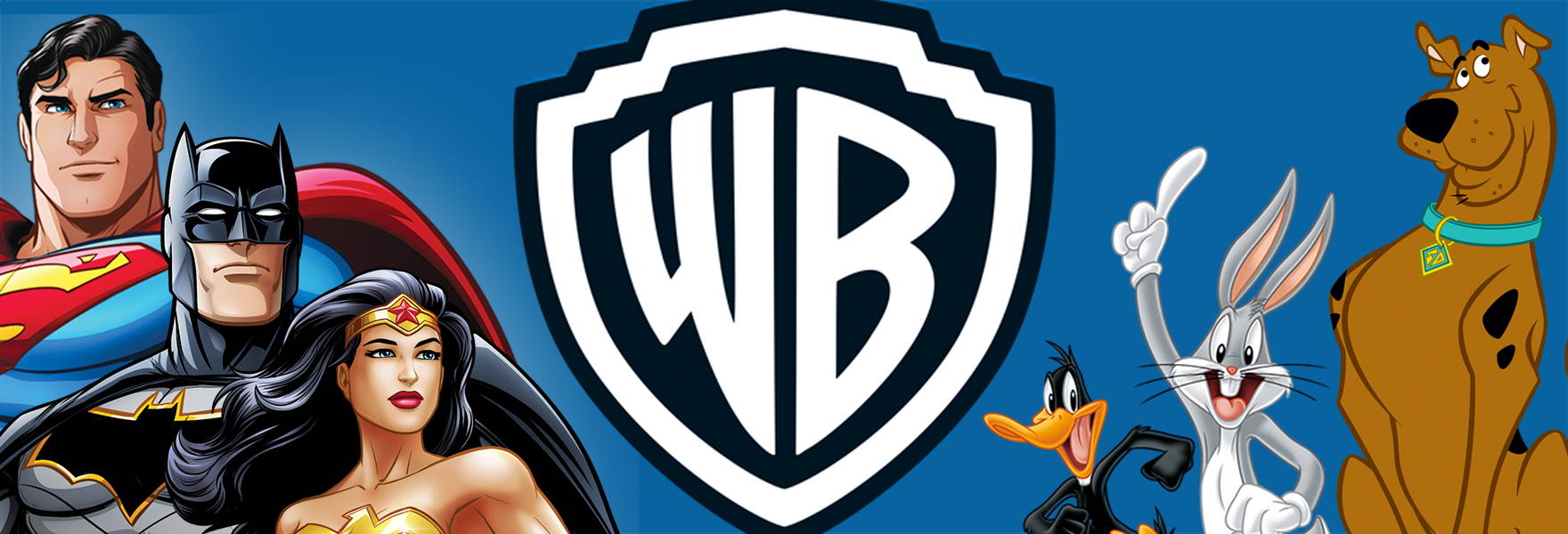 Warner Brothers logo surrounded by classic cartoon heroes including the DC gang, scooby doo, and bugs bunny and daffy duck. 