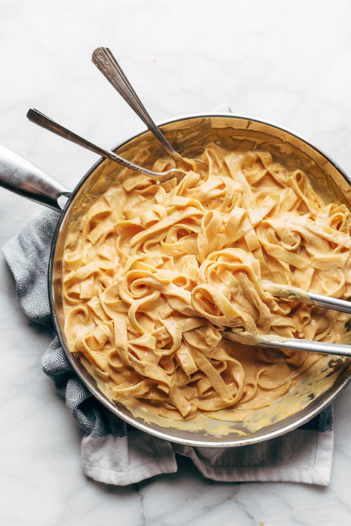 Fettuccine pasta is a creamy pumpkin Alfredo sauce