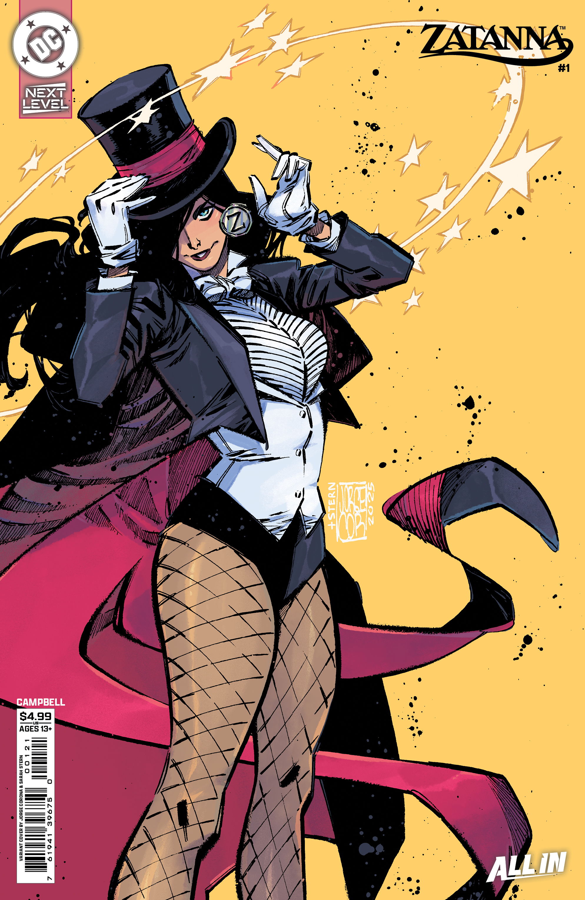 Zatanna in a top hat and tuxedo, performing magic against a yellow background.