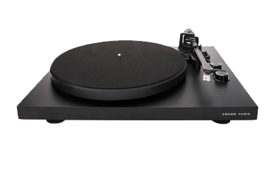 Black turntable with a circular platter and tonearm.
