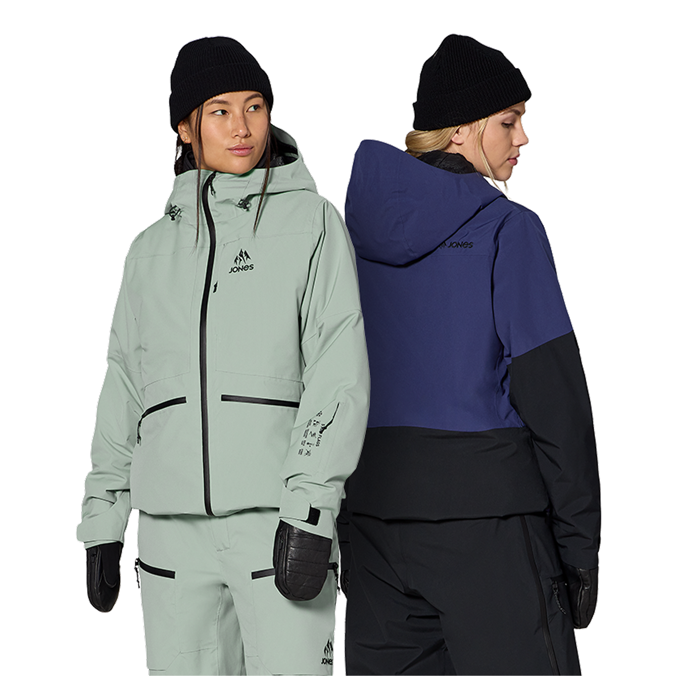 Two women in winter jackets, facing opposite directions.