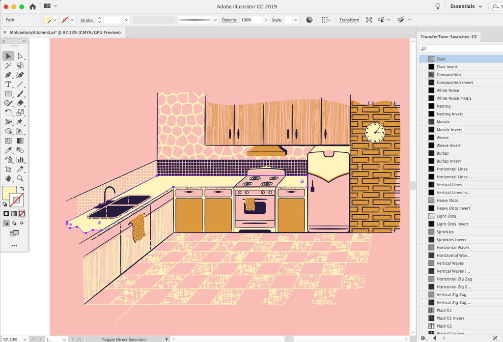 Mid-century kitchen illustration in Adobe Illustrator with TransferTone in the swatch panel