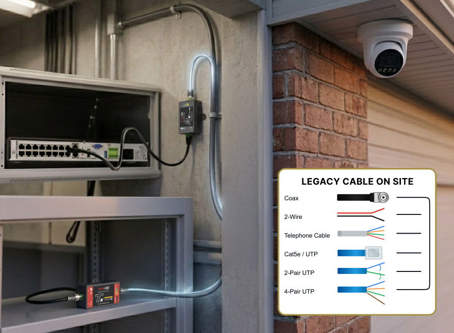 IP camera retrofit and extension setup with NVR, coax-to-Ethernet adapters, legacy cable options, and outdoor security camera