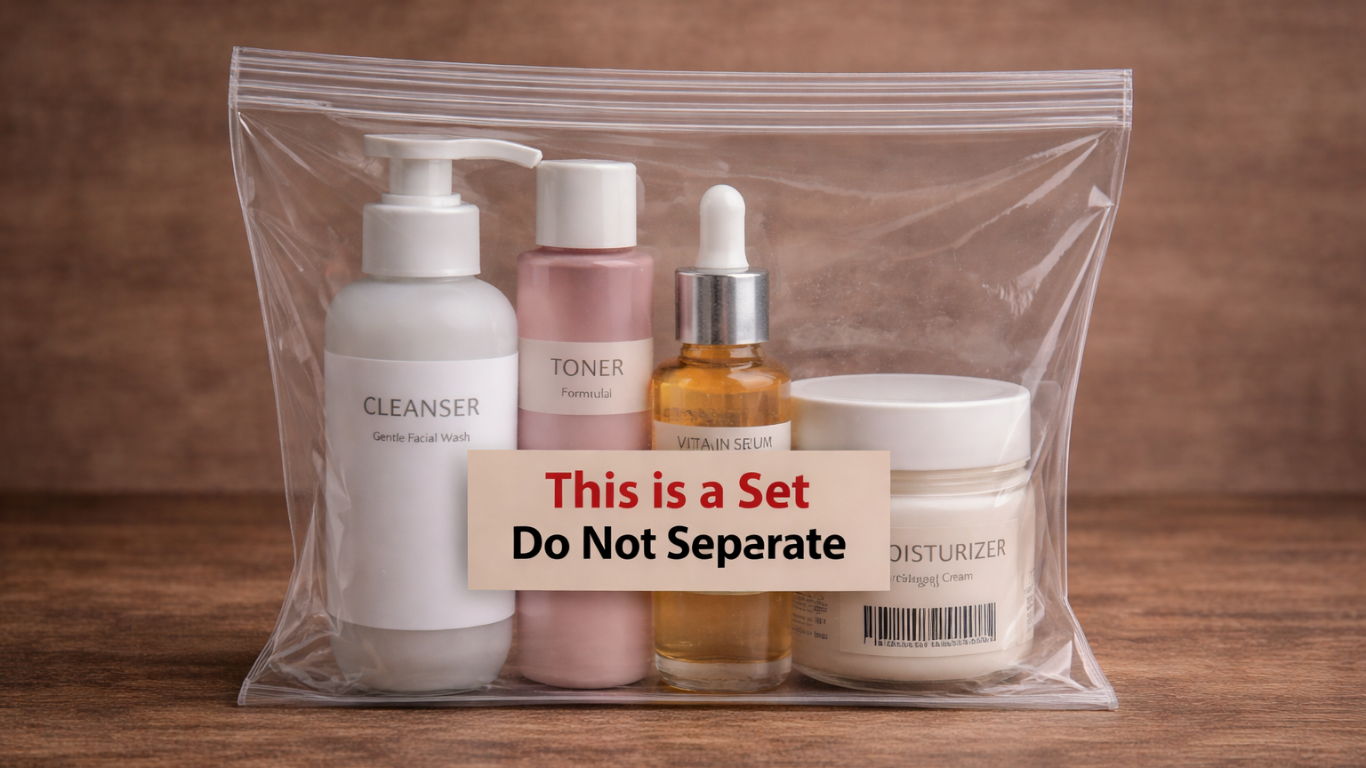 Bundled skincare products sealed in a clear polybag for Amazon FBA prep compliance