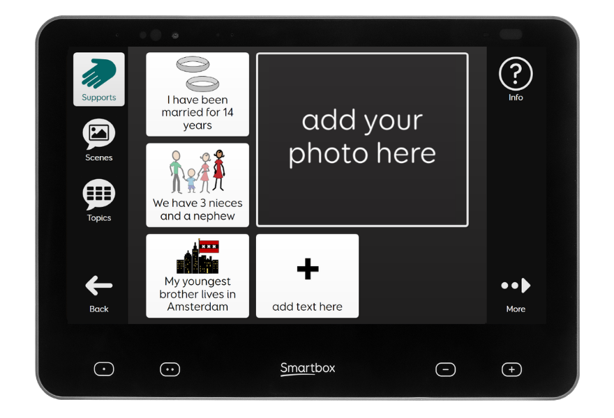 Grid Pad 13 speech-generating device displaying My Life feature through Aphasia Duo.