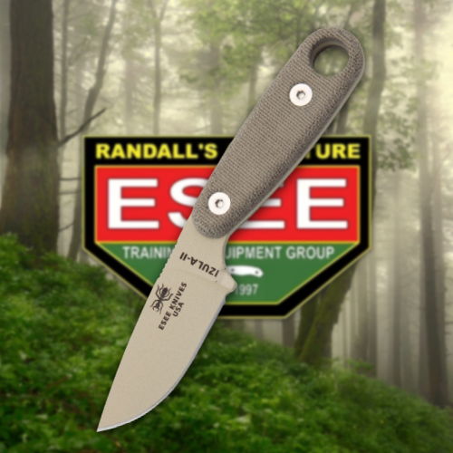 Knife displayed with ESSE logo in forest background.