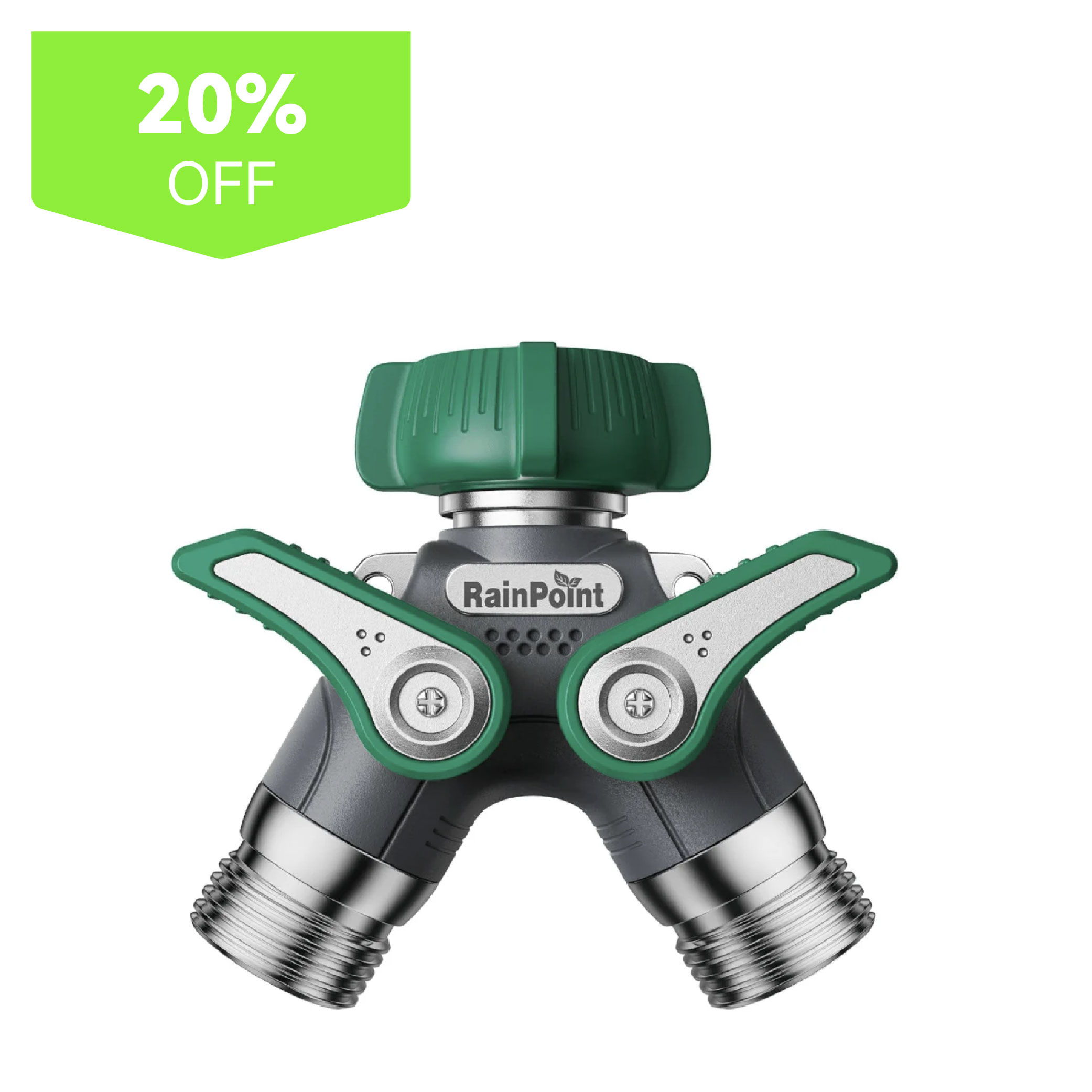 Garden hose splitter with a 20% off label.