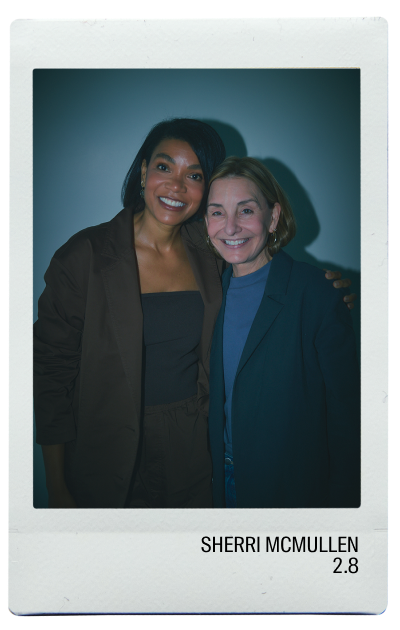 Two smiling women posing together in a photo booth style frame.