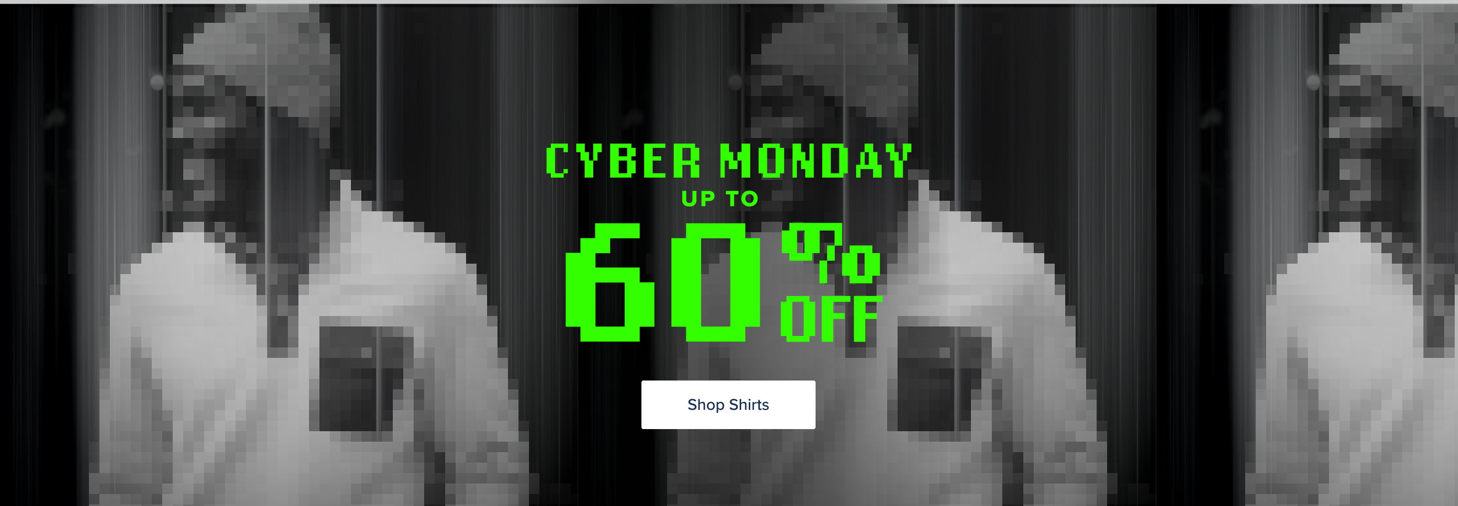 Man wearing a hoodie promoting Cyber Monday with discounts up to 60% off.