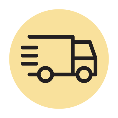Delivery truck icon in a circular yellow background.