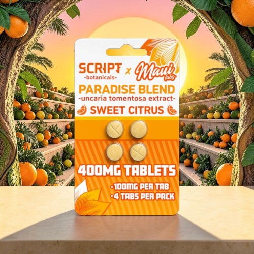 Packaging for Script Paradise Blend Sweet Citrus tablets with orange background.