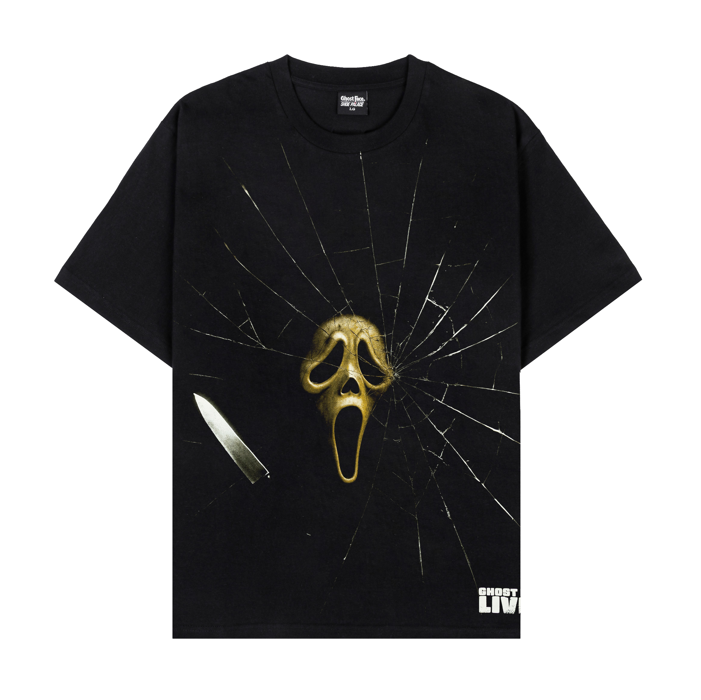 Black t-shirt featuring a shattered glass design and a ghost face mask.
