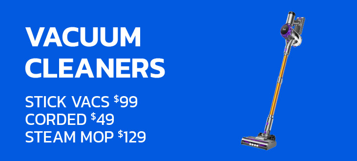Vacuum cleaners with prices for stick vacs, corded, and steam mop.