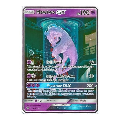 Mewtwo GX Pokémon card with attack details and holographic design.