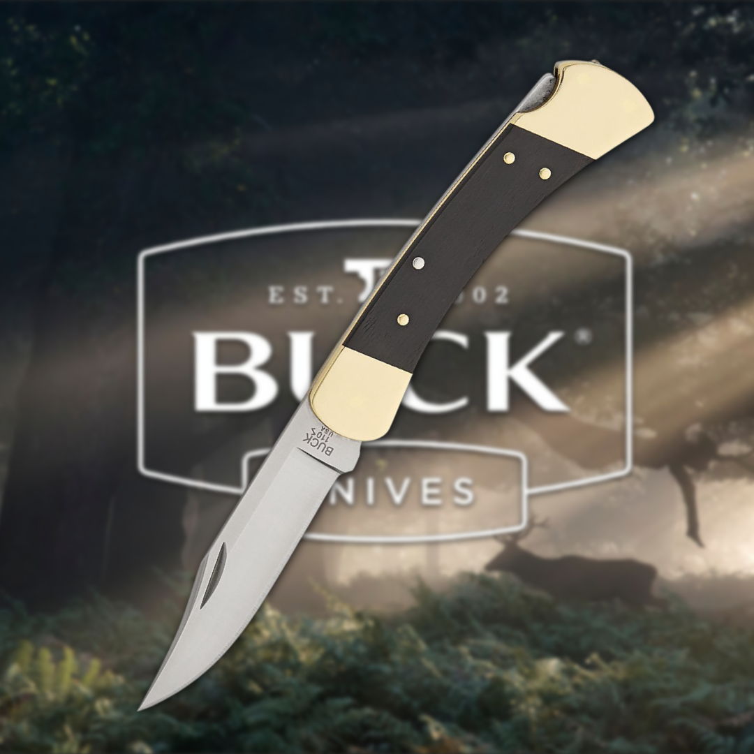 Buck folding knife against a nature-themed background.