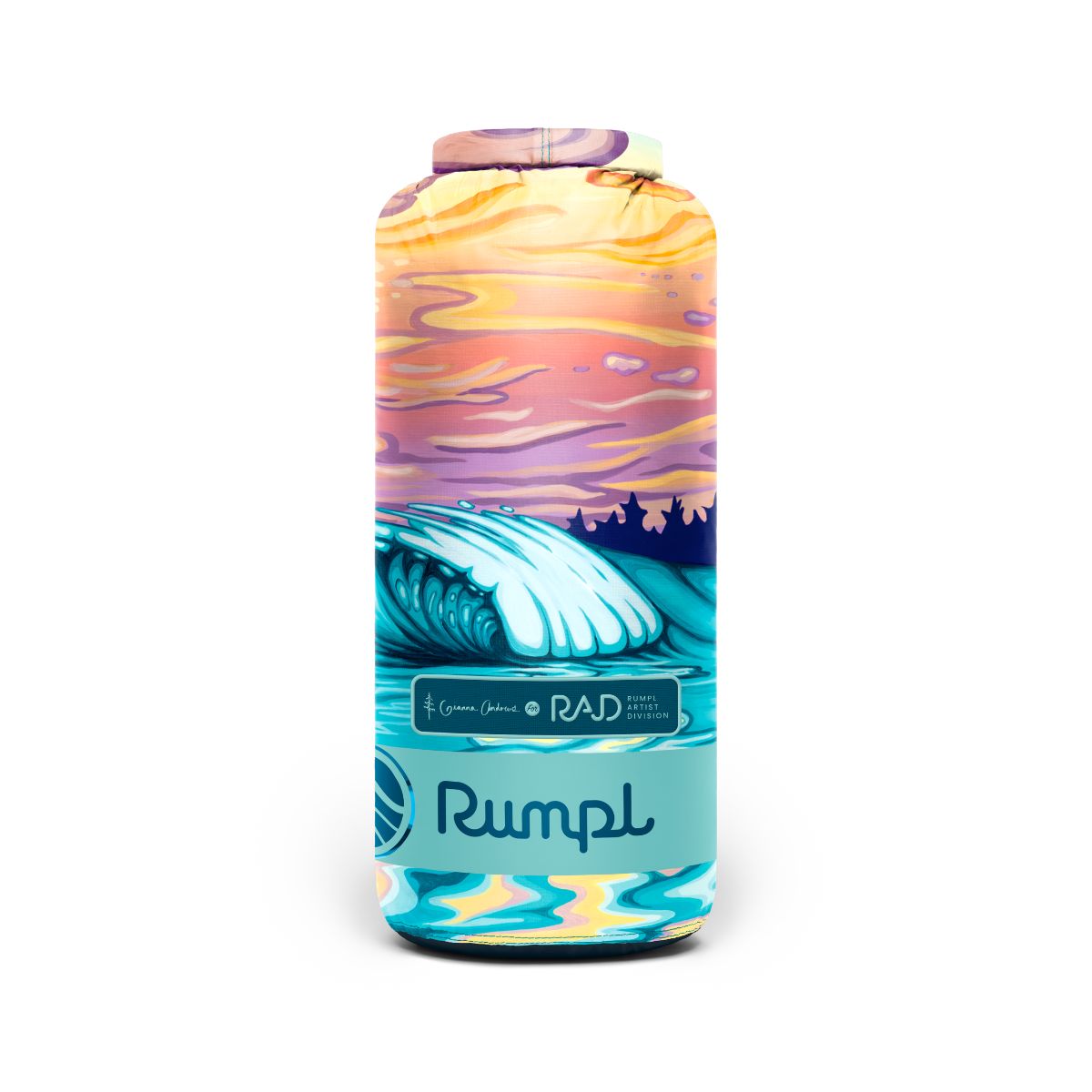 Colorful wave and sunset illustration with vibrant blues, purples, and oranges.