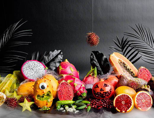Image of exotic fruit styled for halloween